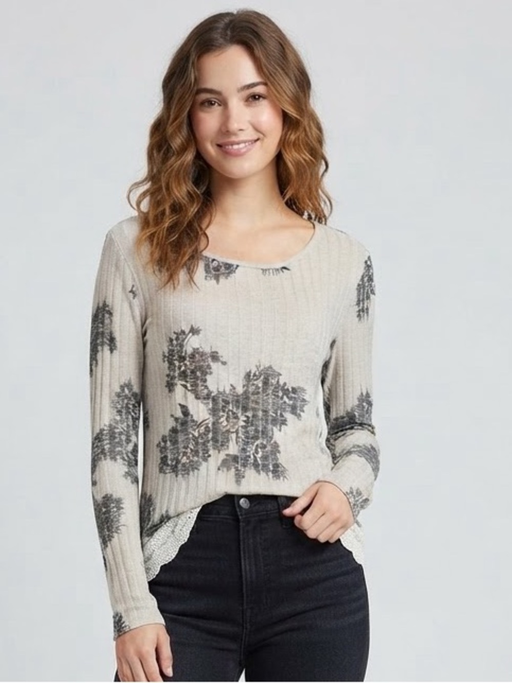 Women's Beige Floral Ribbed Long-Sleeve Top - Brand Unspecified